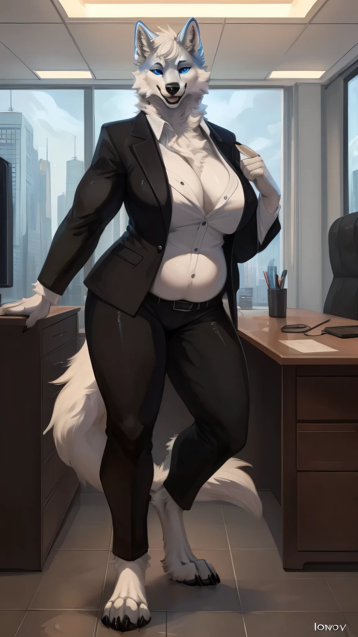 Masterpiece, hi res, absurdres, Best Quality, 4K, detailed, HD,By lvlirror, by honovy, by foxovh, by bebebebebe, solo, female, (muscular, tall, broad shoulders), big breasts,biceps,open mouth, smiling, wolf,canine,short hair, standing, rendered, shaded, expert shading,hi-res, very detailed image, milf, slightly chubby,plump, button up shirt, black blazer, black pants, fullbody view,white fur,blue eyes,bodyguard, digitigrade legs,Office background