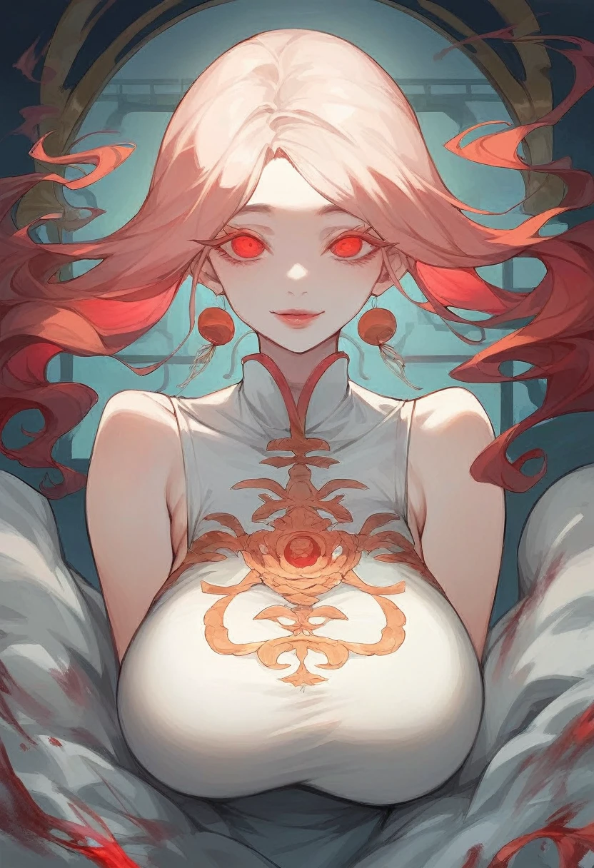 (art: 1.2), (best quality: 1.2) 1 woman, mature, tall (1.85 cm), slender body, appeared to be around 18 years old, had long red hair, straight and shiny hair, tied in a Taotist style Chinese, blood red eyes, extremely detailed eyes, perfect eyes, extremely realistic eyes, well-aligned eyes, long eyelashes, anime style, perfect face, mature face, full lips, smiling, mature, fair skin, natural body, SEXY BODY, mature body, perfect hands, detailed hands, hands well proportioned to the body, realistic hands, arms with good anatomy, she only wore a white Chinese style dress decorated in gold and silver that still couldn't hide her extremely large and huge breasts that were hanging down due to to their size, thick thighs, wide hips, looking at the viewer, background scene, scene of a Chinese-style pavilion hall, posing alone Looking at the viewer , g-cup breast 