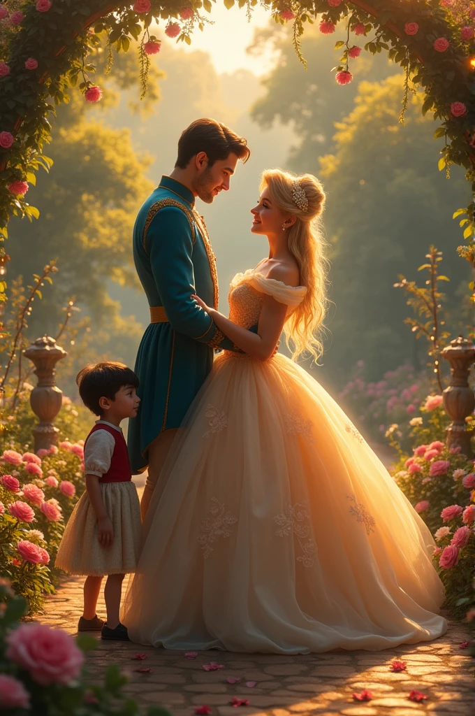 Cinderella and the enchanted prince and their two children, one blond and one with black hair