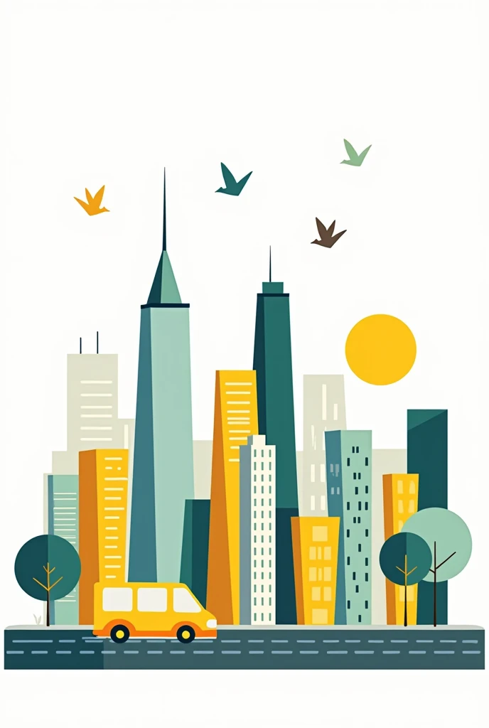 Minimalist illustration of a city, buildings, birds, Street, vehicle, flat illustration with white background and bright color scheme, flat vector