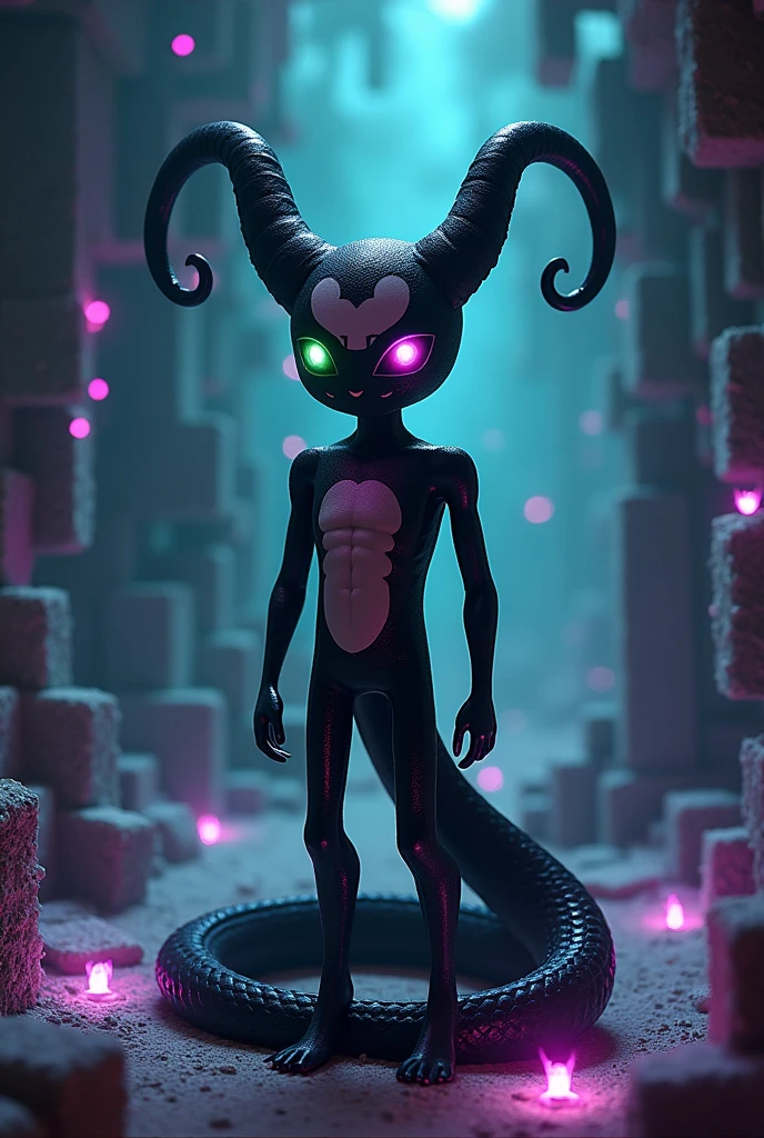 Enderman character with a white heart spot on his face, one eye green one eye pink, two large draconic horns and the lower body of a snake, male, humanoid, reference sheet