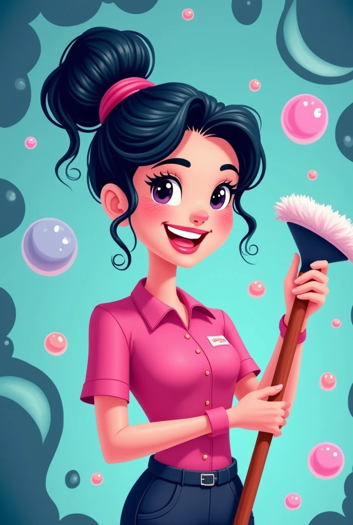 Cleaning lady pink shirt black hair dark blue abd light blue back ground cartoon
