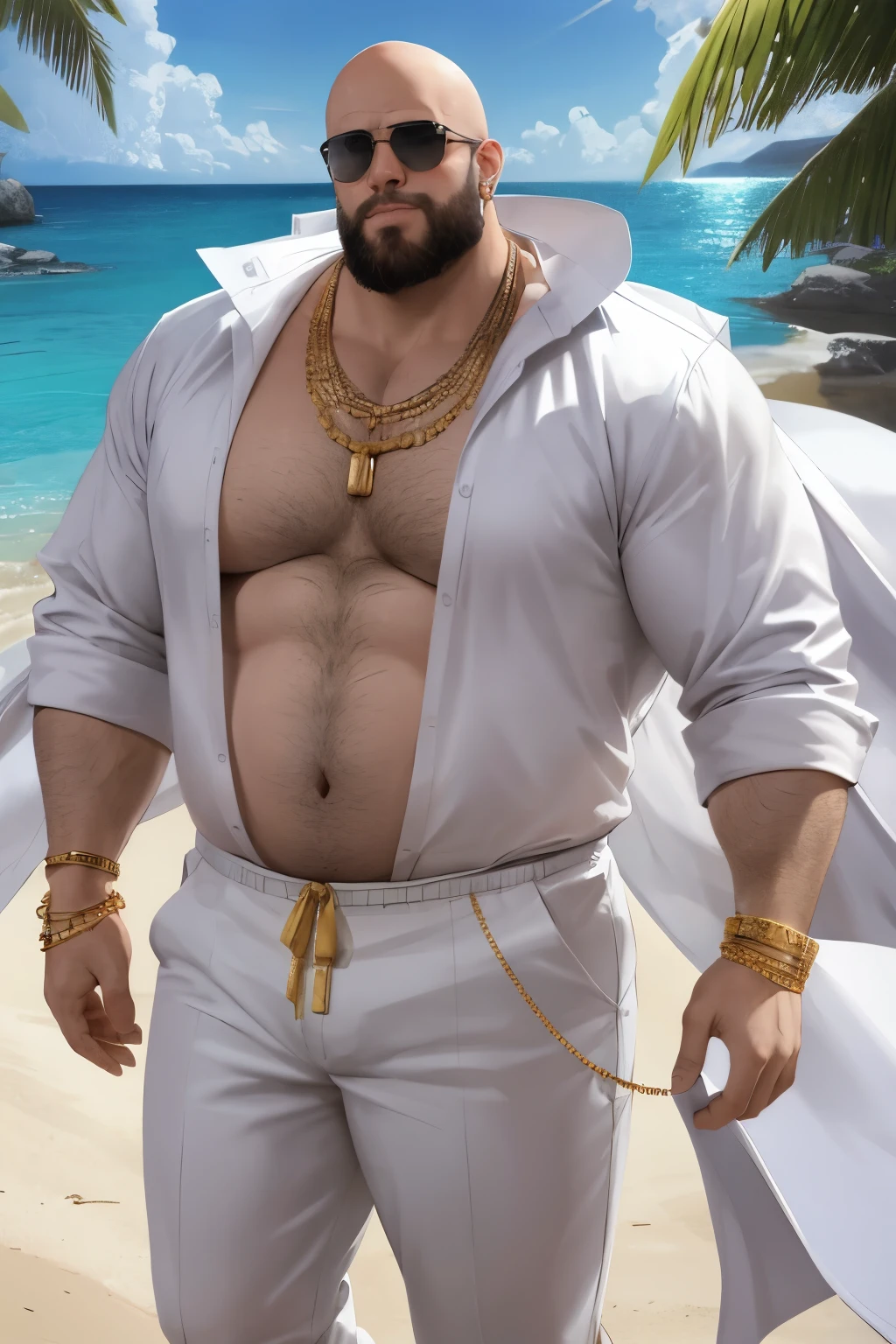 Very large body、bald、Wearing sunglasses、Clean look、Groin bulge、necklace、Big gold bracelet、Earrings Plump Body、Sexy pose、White Beard、Make you feel physically different、Swimsuit、No clothes on、Looking up at him、Backlight、There are people around、A body bigger than a house