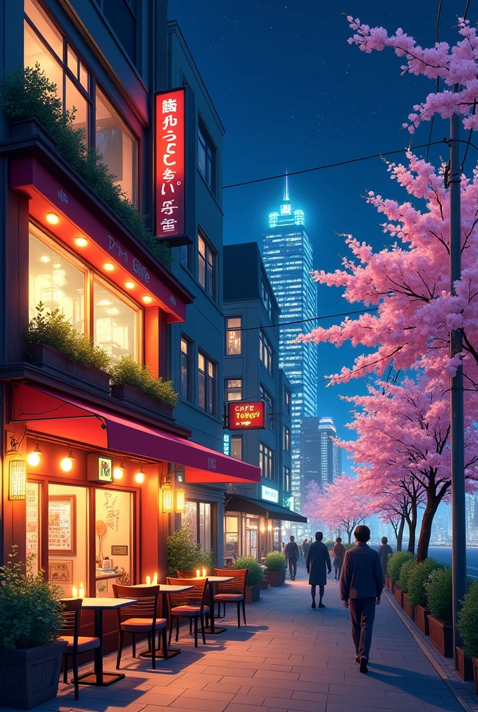 Cafe outside view give it a tokyo night vibe have more tall buildings behind it
