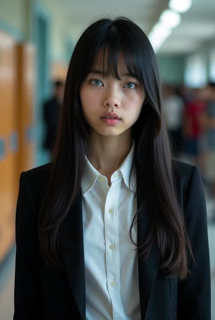 A girl with long black hair down with bangs covering her light blue eyes, serious expression in a school uniform, a white dress blouse with one button unbuttoned with a black blazer on top.