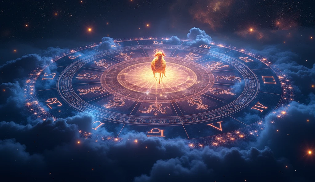A celestial scene with interconnected zodiac signs forming a large, harmonious pattern in the sky. Aries is prominently featured, showing how it fits into the broader astrological framework. The atmosphere is cosmic and interconnected. --ar 16:9