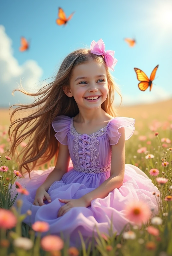 Hello, I need a picture of a girl with a dress and floor-length hair with a ribbon in her hair, wearing a lilac and pink dress, with a sweet and happy face.