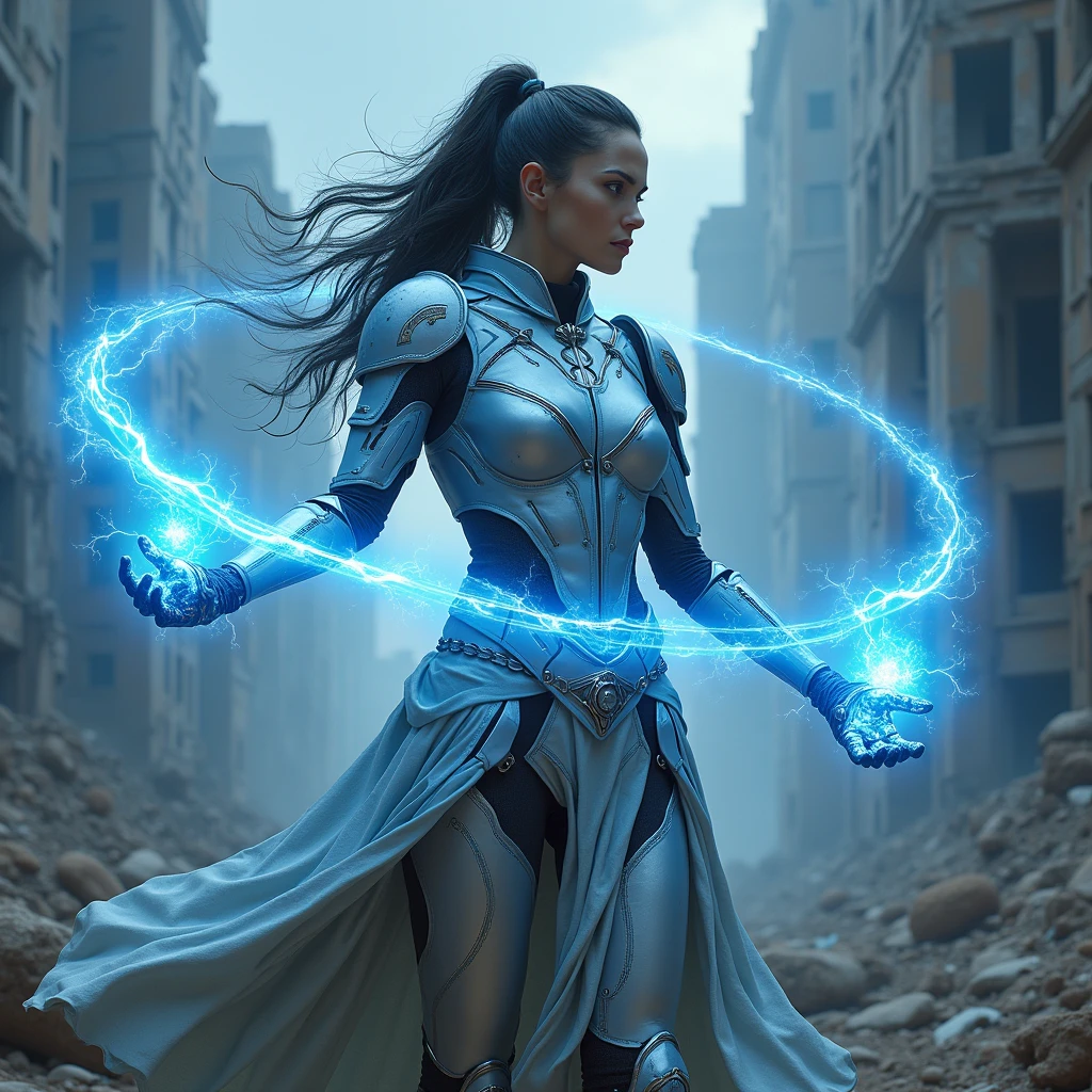 Post-apocalyptic warrior, women, clad in cybernetic armor, radiating light and infinite power, He forms an energy whip that emanates from his hands, prostrate on the heavenly enemy