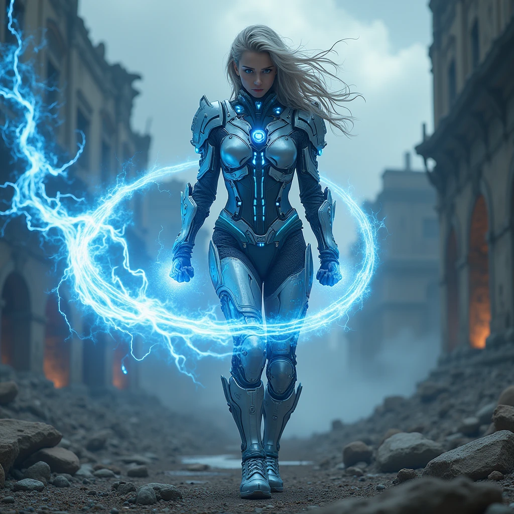 Post-apocalyptic warrior, women, clad in cybernetic armor, radiating light and infinite power, He forms an energy whip that emanates from his hands, prostrate on the heavenly enemy