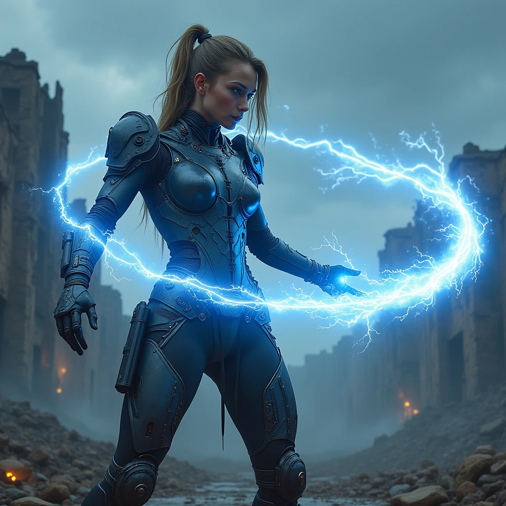 Post-apocalyptic warrior, women, clad in cybernetic armor, radiating light and infinite power, He forms an energy whip that emanates from his hands, prostrate on the heavenly enemy
