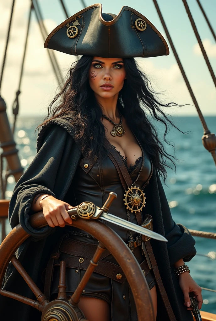 Steampunk style, an imposing pirate woman, with wavy black hair that falls to her waist and blue eyes. Her skin is sun-kissed and marked by scars that reveal her life of adventures at sea. She wears a large cloak reinforced with metal, adorned with pirate insignia, practical and weather-resistant clothes for the sea, tall boots, and of course, Her hat,. Besides two pistols and a long sword