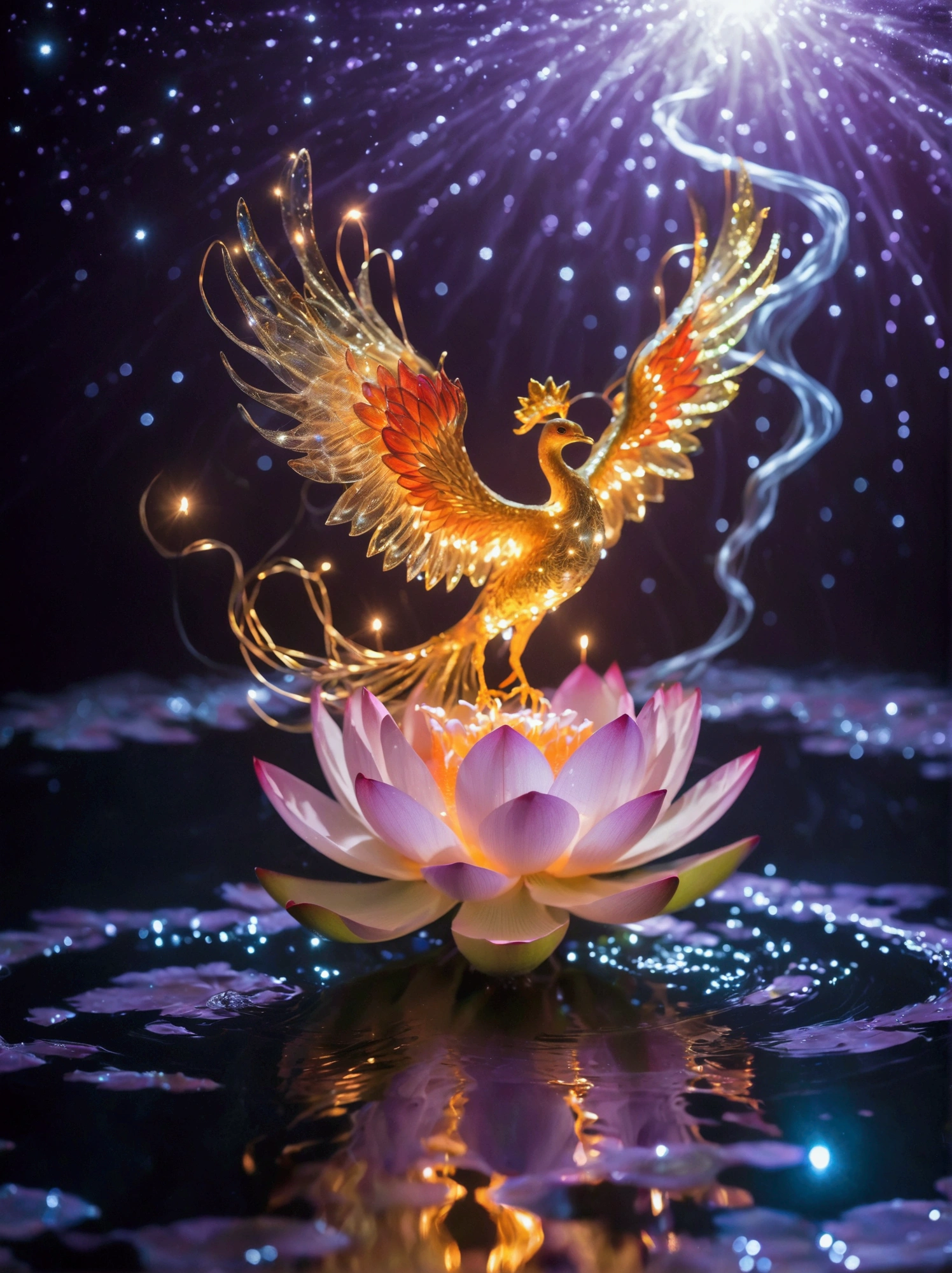 In the light purple background, a flaming phoenix rushes into the air, a circle of starlight forms an arc above it, a translucent lotus flower on the water directly below the flaming phoenix, the water has circular ripples, in front of the picture, glittering diamonds float in space, high definition, fine details, bright colors, The dynamic composition of the photographic style creates a dreamlike atmosphere, bright lights illuminate delicate textures, and low-angle shots highlight curves.