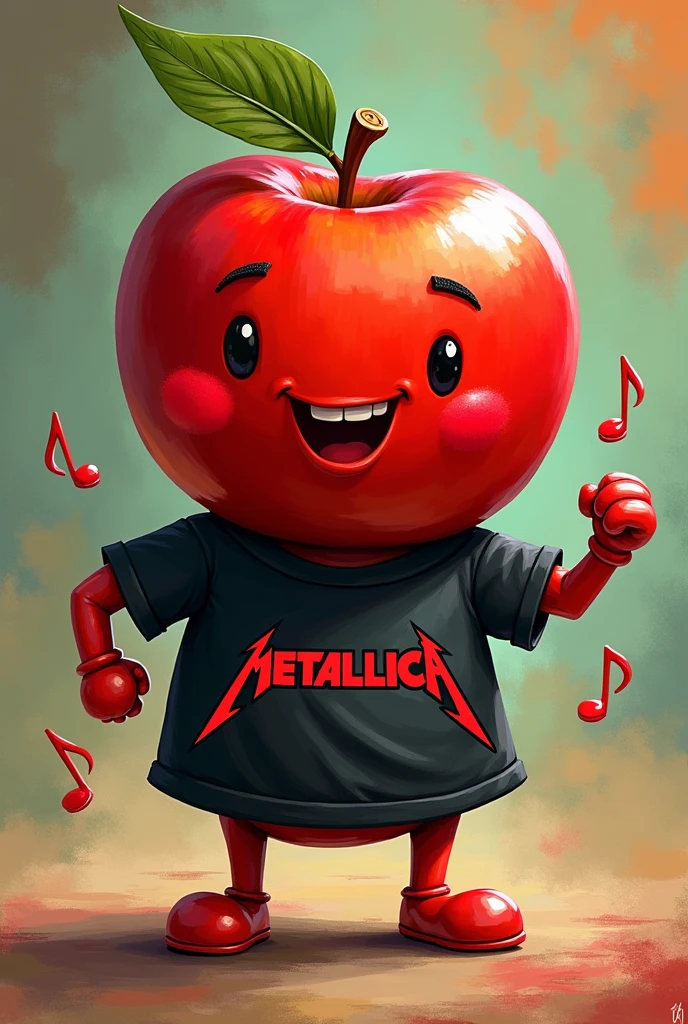 A cute apple with arms and legs wearing a Metallica shirt