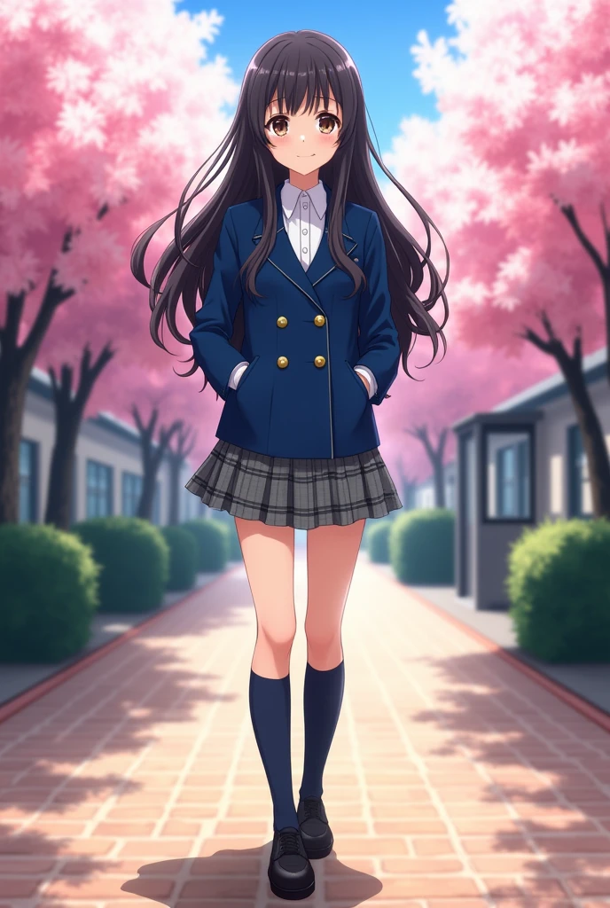 anime girl, long wavy black hair that reaches her shoulders, she has hazel eyes and fair skin. A white formal shirt, It's usually under a blue jacket with two rows of buttons in the middle., she is wearing a short gray skirt with gray squares, she has blue socks up to her thighs, black school shoes.