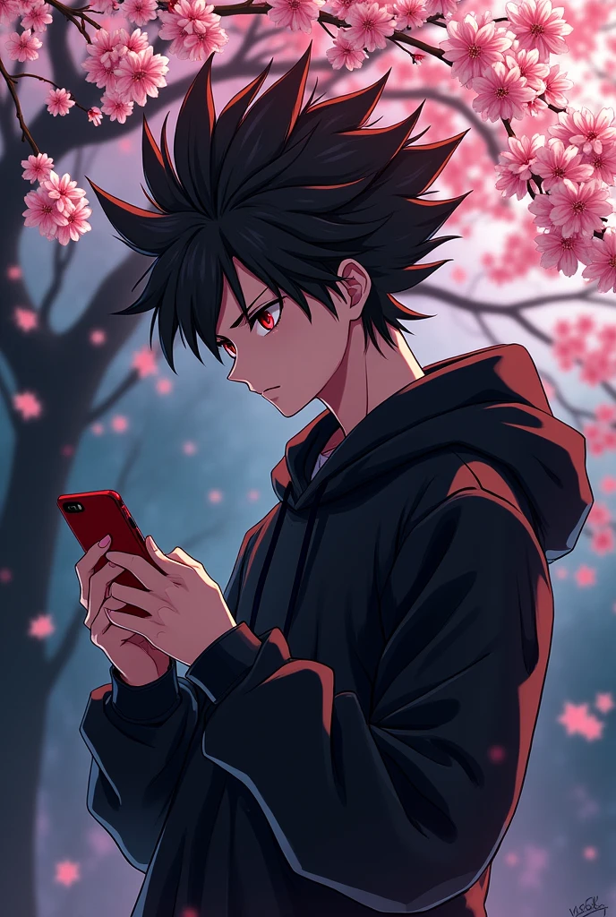 Blossom tree theme , White , dark background , Blood red colour , Anime boy , Spiky hair , black hoodie , red eyes , narrowed eye , side view , playing phone