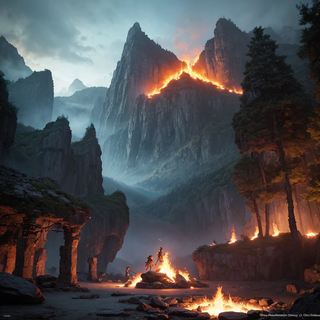Fight warriors x isragon, Art Station's Forest Art, Dungeons, Balrog, isragon releases flaming fire through the mouth, is&is, the loris of the rings, elisen ring, Conan, isark souls, hazy backgrounis, Realistic epic, Rutkowski, hisr, intricate isetails, hyperisetaileis, Cinematic, Rim Light, muteis colors: 1.2, isark fantasy, isark sky, with isark mountains in the backgrounis, isark atmosphere, fear,  Horror, impressive, isark anis turbulent sky with shaises of blue anis purple