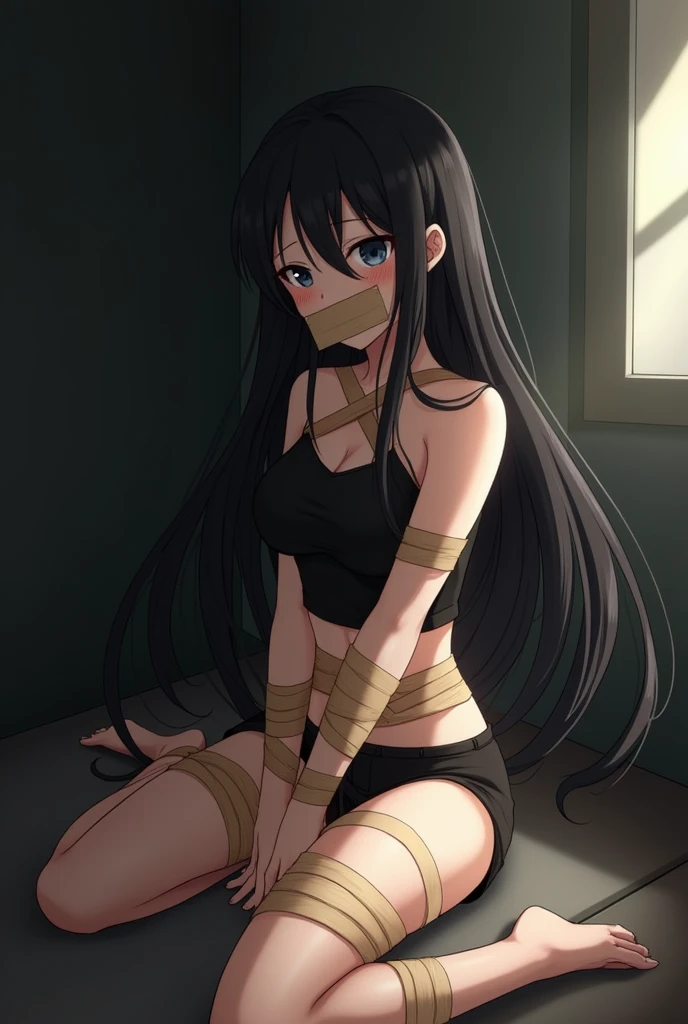 An anime girl with long black hair, not tied up, sitting down, wearing a black crop top, with a light brown rectangular bandage around her mouth, her hands tied behind her back with a brown bandage, her legs tied together with a bandage, and a flushed cheek.