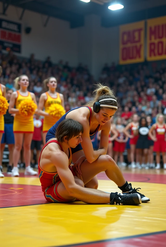 A hot female wrestler in a singlet pinning a male wrestler in a singlet in front of cheerleaders in a high school gym she has his head between her thighs