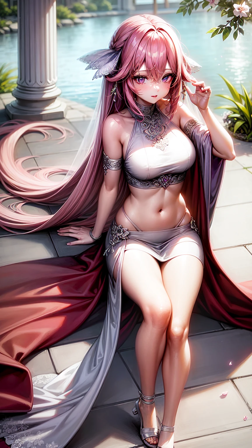 purple eyes,Wedding dress,long skirt,crop top,pink hair