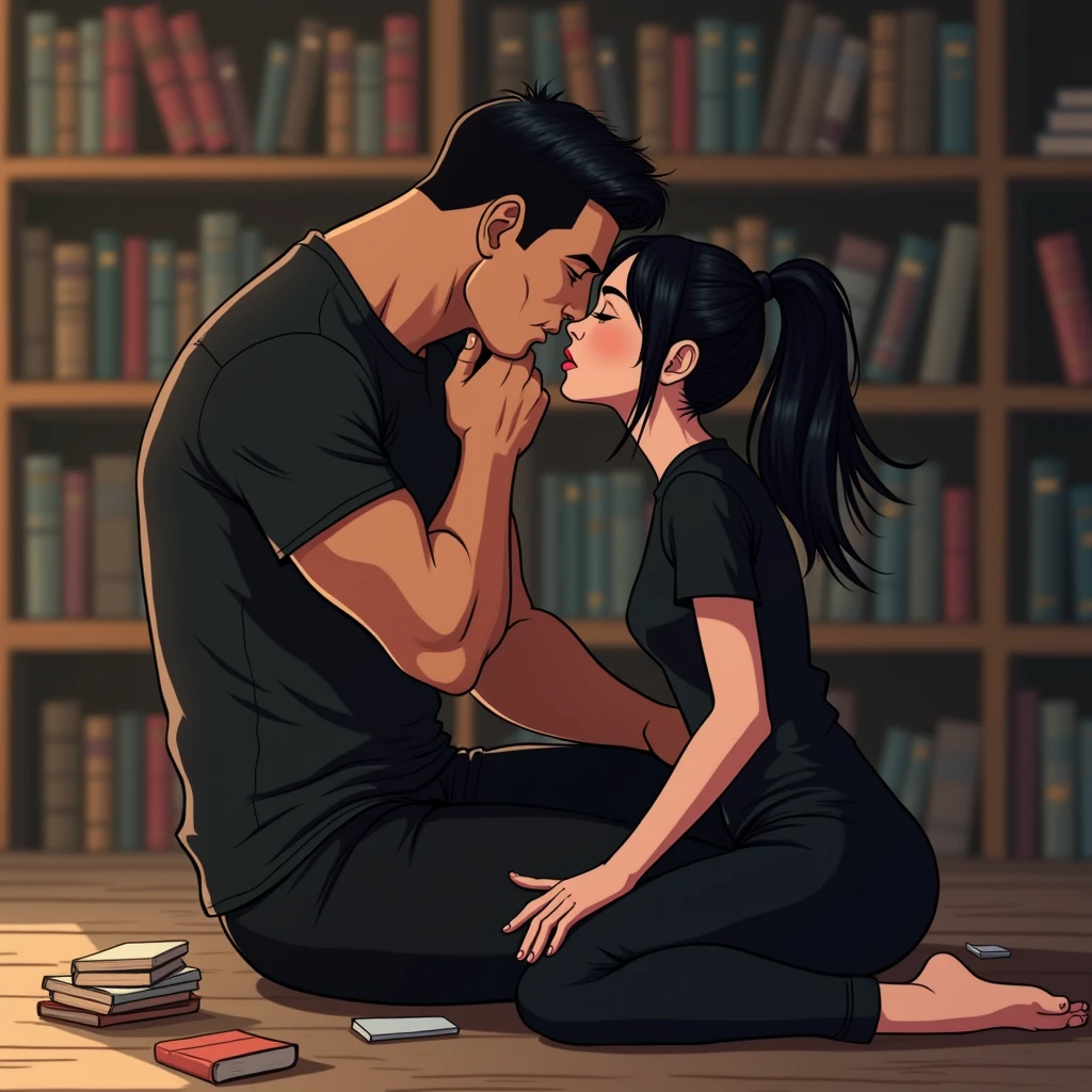 A woman with jet black hair, long, She has sleek hair tied back in a ponytail, wear a black t-shirt, She is kneeling in front of a muscular and handsome man, She has short jet black hair, She is wearing a black t-shirt and pants. The woman is sucking the man's large penis, The penis is large and delicious. in the background in an archive place, with books thrown. animated art