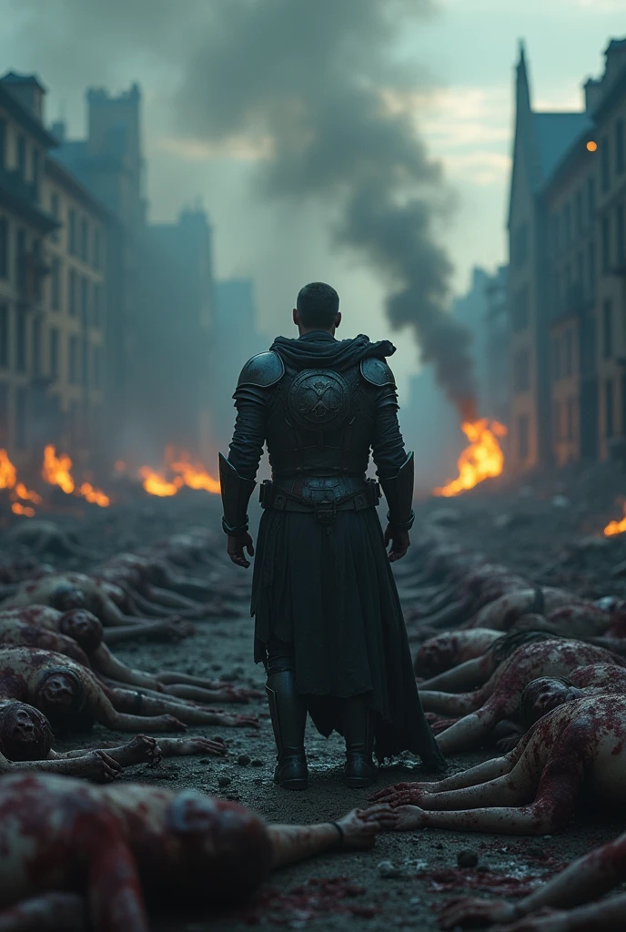 Person among bloody corpses 