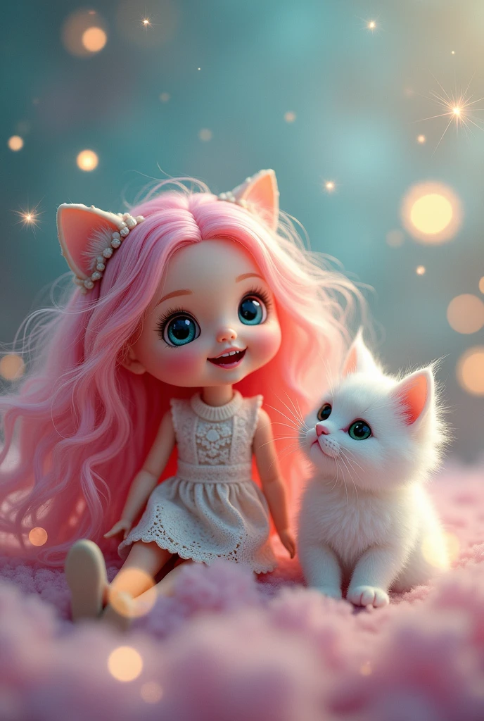 Little doll with pink hair smiling with a cat with a magic background
