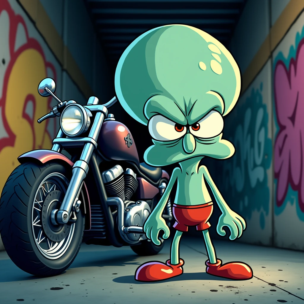 Draw Squidward Tentacles angry looking at the viewer, behind a motorcycle