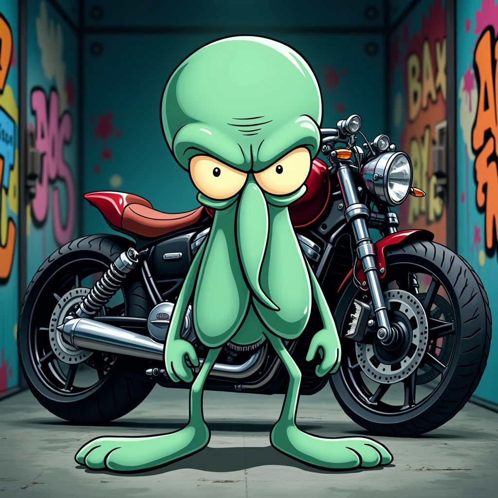 Draw Squidward Tentacles angry looking at the viewer, behind a motorcycle