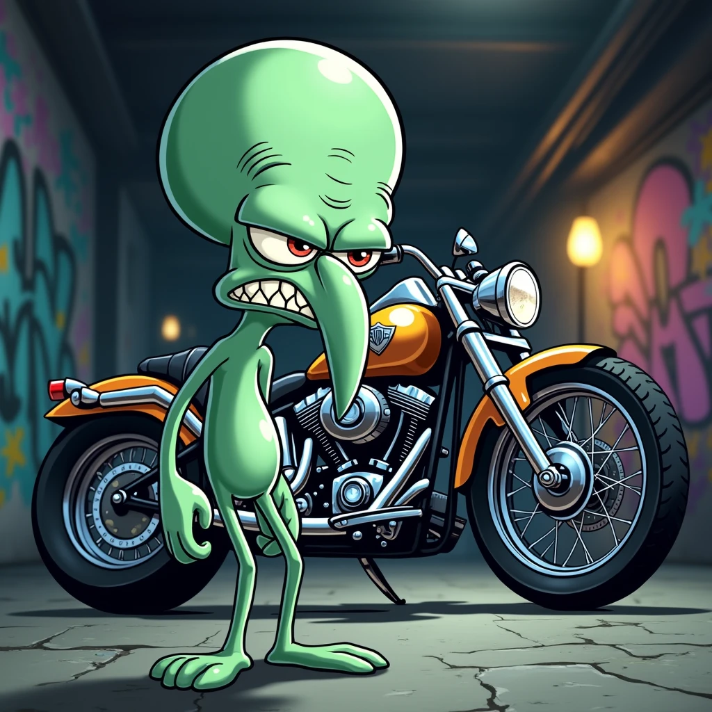 Draw Squidward Tentacles angry looking at the viewer, behind a motorcycle