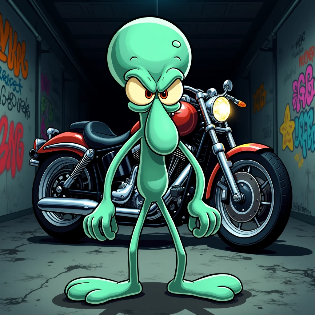 Draw Squidward Tentacles angry looking at the viewer, behind a motorcycle