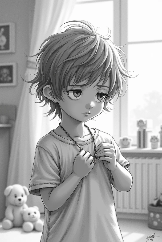 A pencil sketch of a boy with shoulder-length hair tying a necklace.