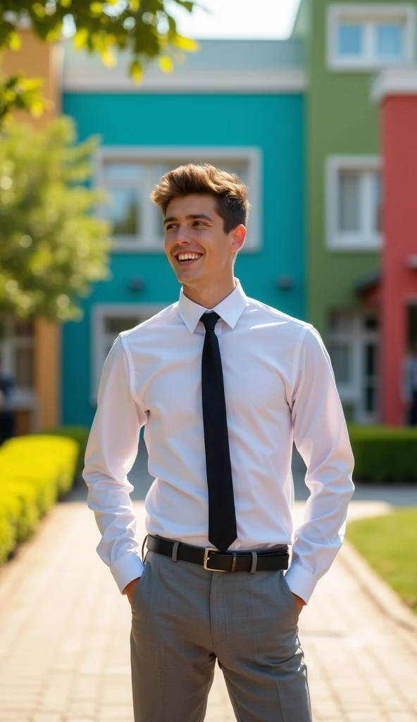 male student wearing a long-sleeved shirt, hands at the sides, black tie, Gray pants, standing in a schoolyard in hd, looking to the side with a big smile, pointing to the right, In the foreground
