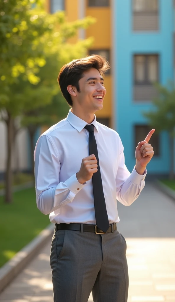 male student wearing a long-sleeved shirt, hands at the sides, black tie, Gray pants, standing in a schoolyard in hd, looking to the side with a big smile, pointing to the right, In the foreground
