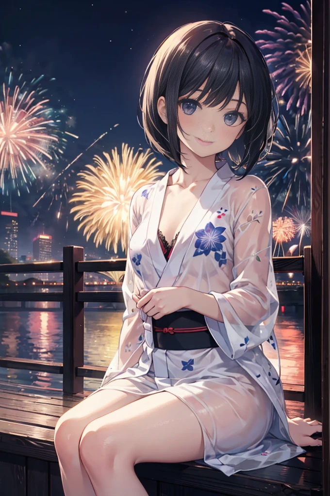 (masterpiece), 4K,woman, yukata,Small breasts,Black hair bob cut,moonlight,Realistic, skinny, smile,sit,((Fireworks display)),See-through bra