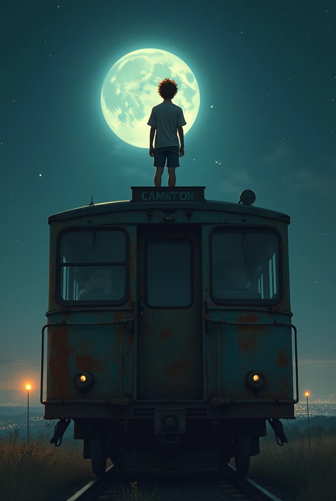 sad male teenager with details tall hair long brown hair standing on top of an old train at night best quality
