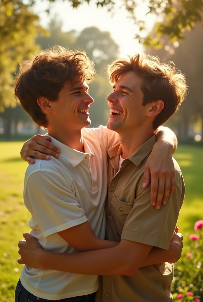 Two 20-year-old boys hugging while looking at each other. brown hair color, laughing