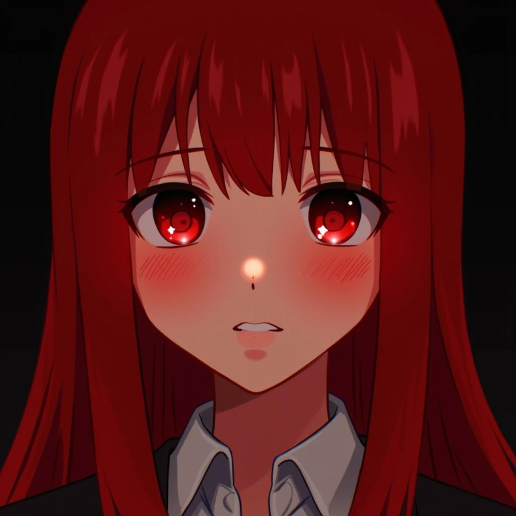 1girl, star eye, blush, perfect illumination, red hair, red eyes, unreal engine, sidelighting, detailed face, bangs, bright skin, simple background, dark background