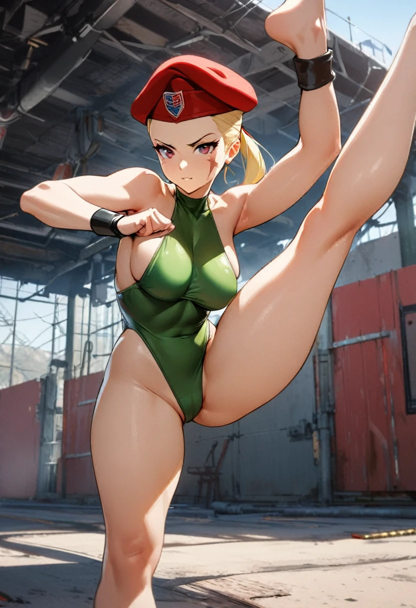 1girl, cammy, street fighter,blonde hair,scar on cheek,fighter,red beret,green slingshot swimsuit,fighting stance,flexible posing,leg up,turning kick:1.4,American military base,outdoor,masterpiece, best quality, absurdres,