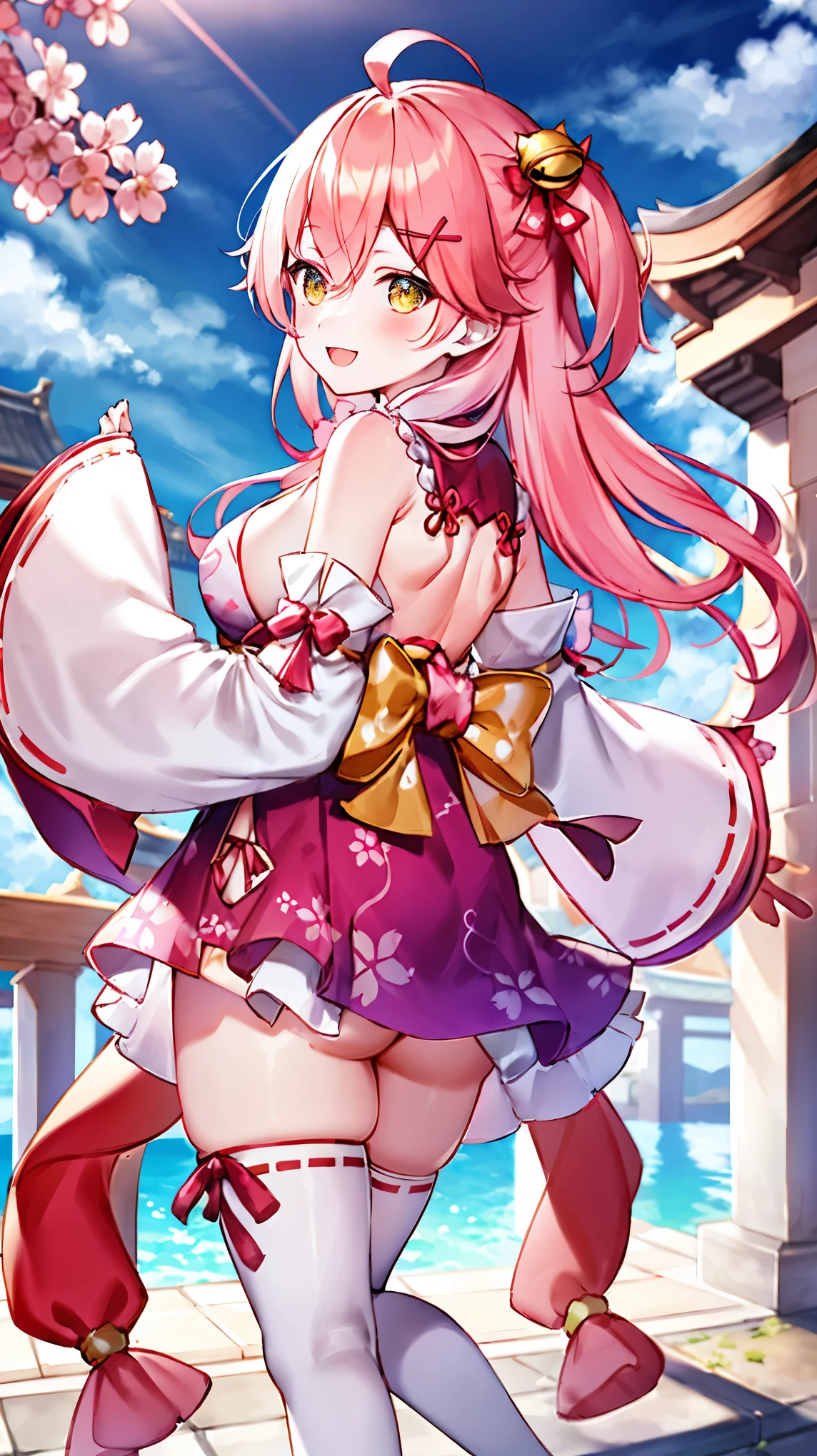 masterpiece, best quality, highres, miko1, sakura_miko, 1girl, big_boobs, solo, ahoge, x_hair_ornament, pink_hair, floral print, hairclip,(side_less_clothes:1.5), (side_boobs:1.5), hair_bell, floral print, long_hair, hair between eyes, one side up, white thighhighs, asymmetrical legwear, wide sleeves, open_mouth,(happy:1.3),gleen_eyes,big_smile,(rise_leg:1.3),plump,apart_legs,(overly_long_sleeves:1.3),),sleeves_past_wrists,hands_hidden_sleeves,sidelock_clothes,dynamic_posing,solo,hidden_wrists,(XD:1.4),covered_nipples,sunlight,cherryblossom_temple_landscape_background,