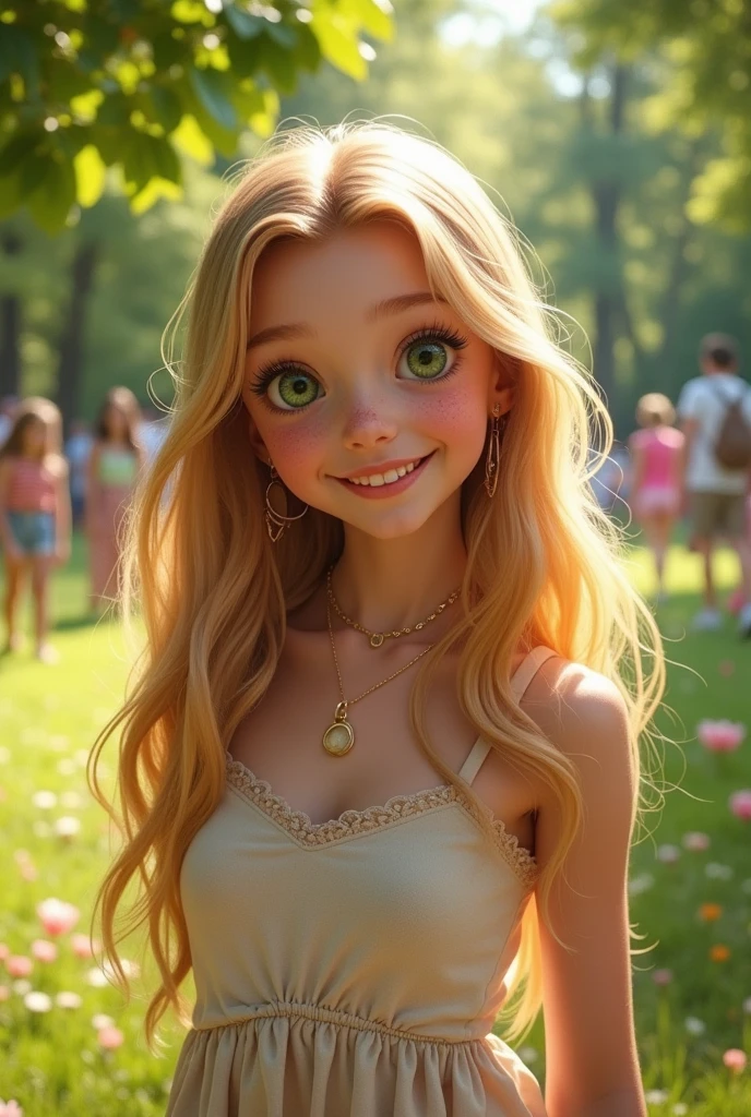 A girl with straight honey-colored hair, with green eyes on her face she has a few freckles and has a very cheerful look and a very big butt