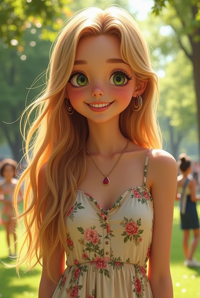 A girl with straight honey-colored hair, with green eyes on her face she has a few freckles and has a very cheerful look and a very big butt