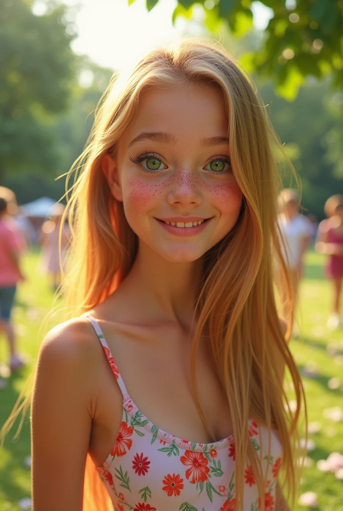 A girl with straight honey-colored hair, with green eyes on her face she has a few freckles and has a very cheerful look and a very big butt