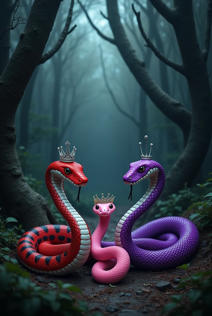 three snakes together like Regina, Karen and Gretchen from MEAN GIRLS.

first snake a mamba, with fire red white and black color, and a small crown with an gressive pose.

second snake a viper, with baby pink color, and a soft princess tiara with a cute pose.

third snake a rattlesnake, with deep bright purple color, with a QUEEN crown wiith a hypnotizing pose.

All Together in a black forest, all three snakes spitting acid venom.