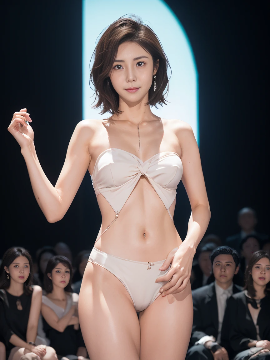 ((masterpiece、Highest quality))、shape、Very detailedな、8k、Realistic、Sharp focus、Very detailed、Professional Lighting、Spotlight、Colorful details、(A beautiful woman beyond compare:1.4)、close your eyes、(Completely naked:1.35)、Thick, dark pubic hair、(barefoot)、(Standing with a hazy consciousness and a terrified expression, arms lowered.:1.3)、Detailed Texture、Perfect Style、Sexy body、A luxurious set for the stage、In front of a packed audience、23 years old、
