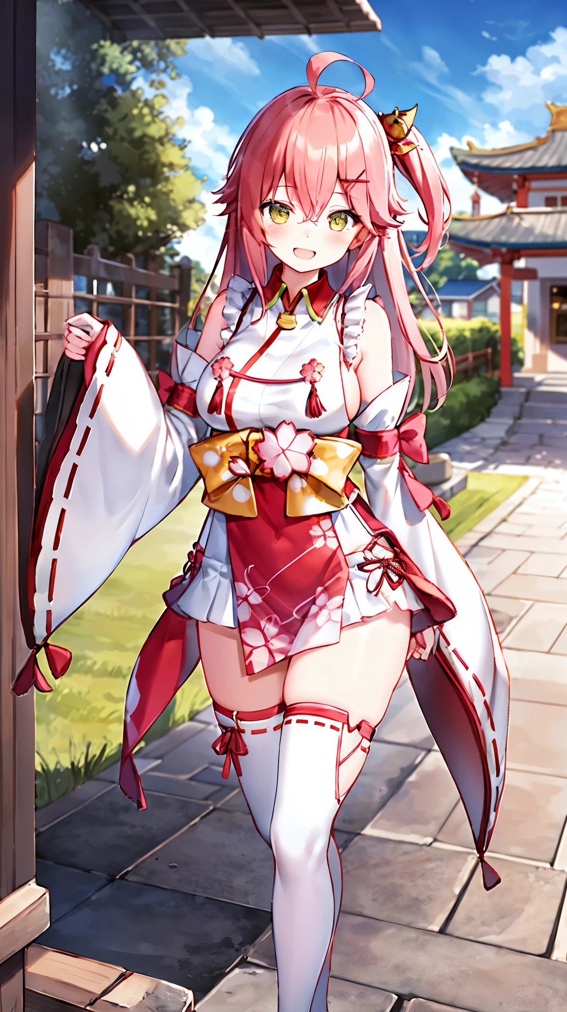 masterpiece, best quality, highres, miko1, sakura_miko, 1girl, big_boobs, solo, ahoge, x_hair_ornament, pink_hair, floral print, hairclip,(side_less_clothes:1.5), (side_boobs:1.5), hair_bell, floral print, long_hair, hair between eyes, one side up, white thighhighs, asymmetrical legwear, wide sleeves, open_mouth,(happy:1.3),gleen_eyes,big_smile,(rise_leg:1.3),plump,apart_legs,(overly_long_sleeves:1.3),),sleeves_past_wrists,hands_hidden_sleeves,sidelock_clothes,dynamic_posing,solo,hidden_wrists,(XD:1.4),covered_nipples,sunlight,cherryblossom_temple_landscape_background,