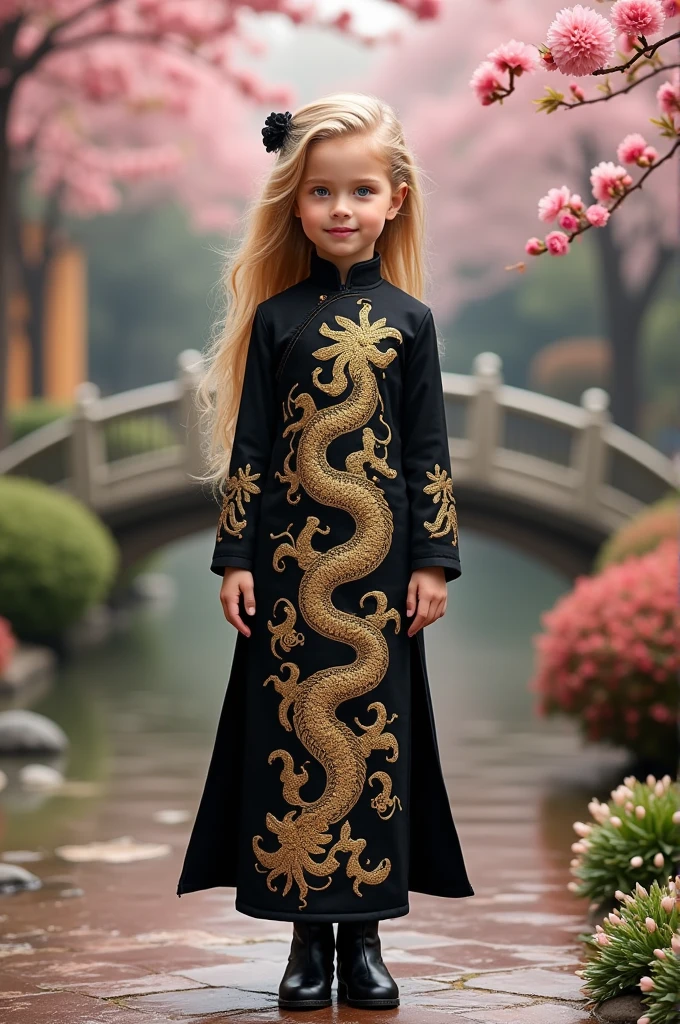 Une fillette blonde aux yeux bleus qui porte une Qipao noire avec des motifs de dragons et avec des bottes aux pieds.