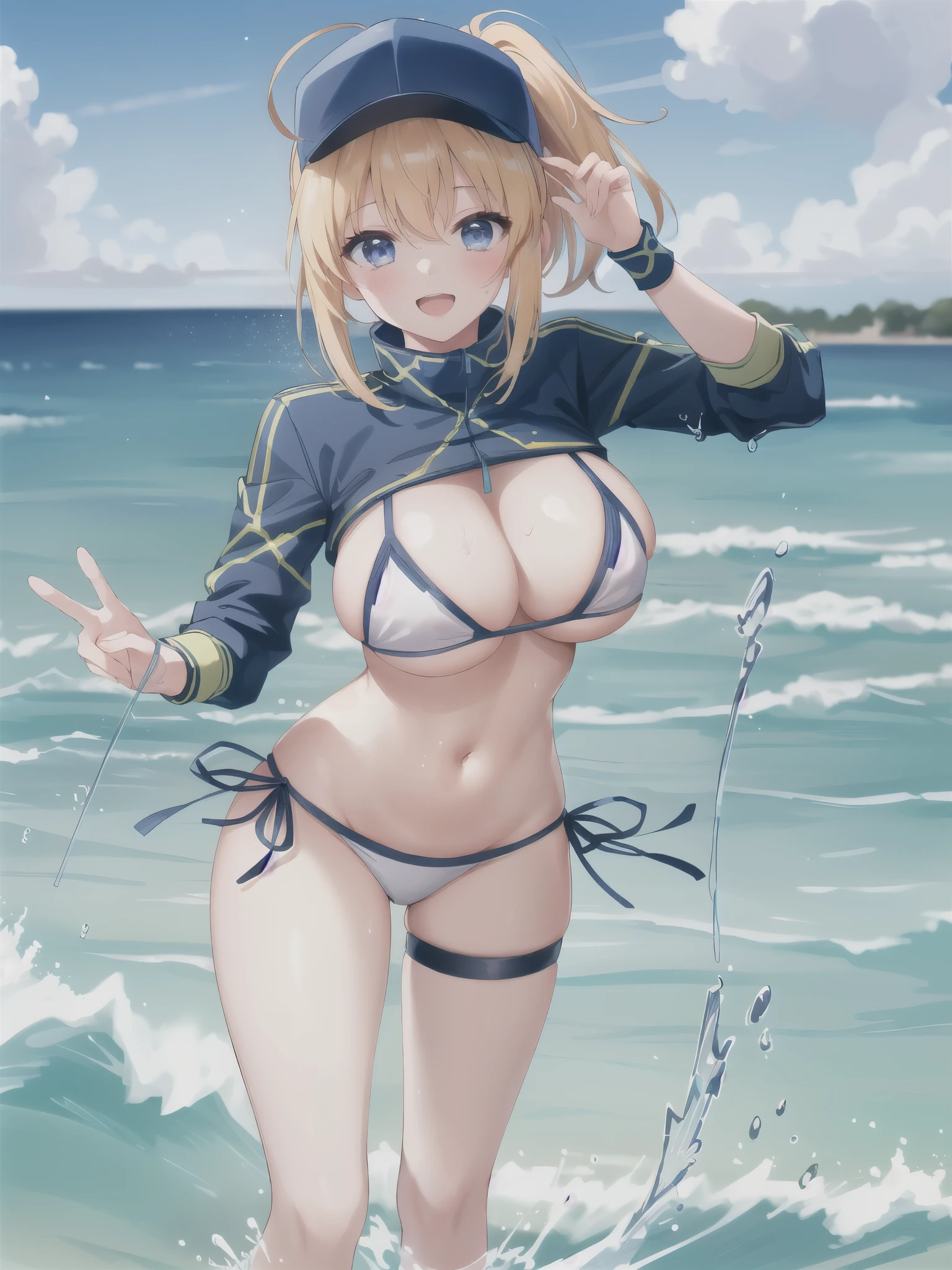 masterpiece,(ultra-detailed),1girl, mysterious heroine xx \(fate\), half_eyes,smile,open mouth, swimsuit, white bikini, side-tie bikini bottom, shrug \(clothing\), jacket, thigh strap, wristband, large_boobs, ocean_landscape, splashing,blonde_ponytail,open_legs,cap,happiness,,dynamic_standing,