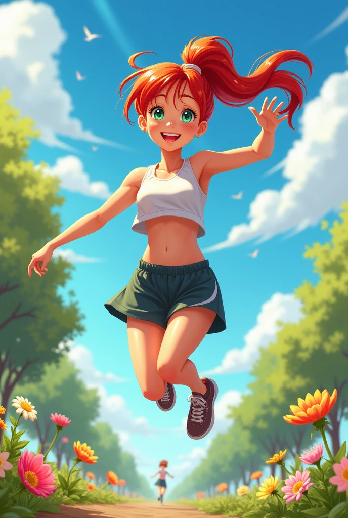 a girl of average height and a slim, athletic physique. She has red hair usually tied in a high ponytail., with a fringe that falls softly over the forehead and voluptuous
