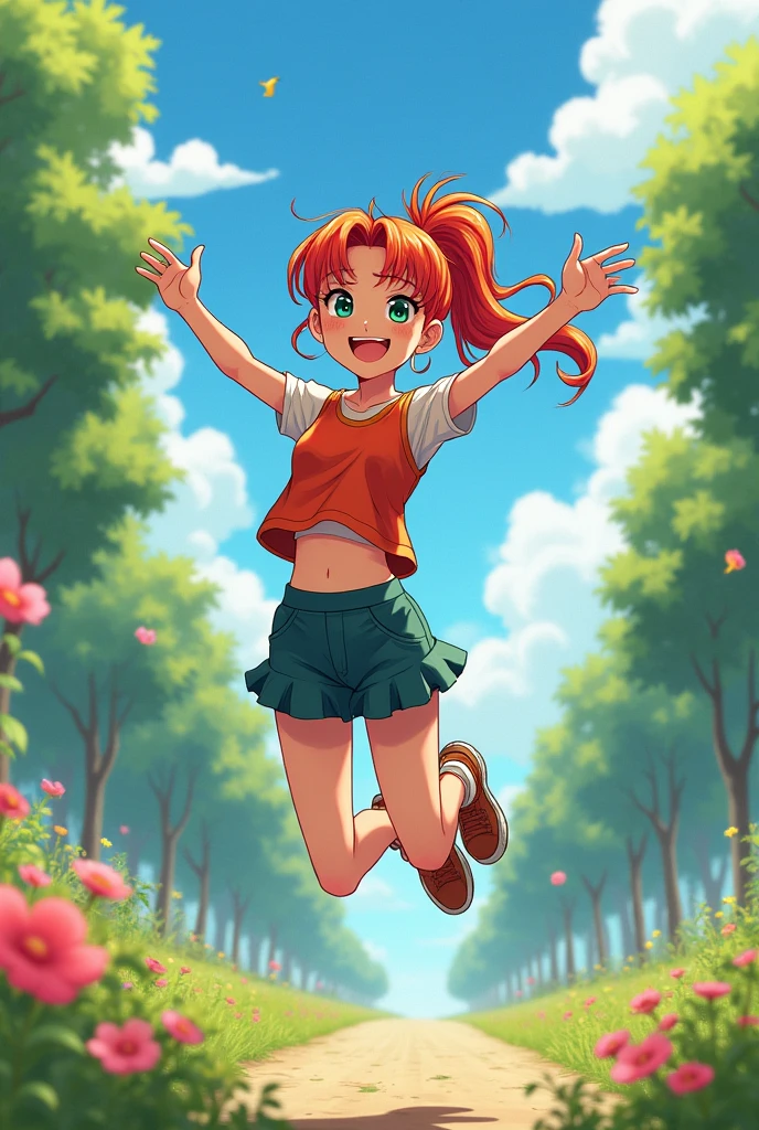 a girl of average height and a slim, athletic physique. She has red hair usually tied in a high ponytail., with a fringe that falls softly over the forehead and voluptuous