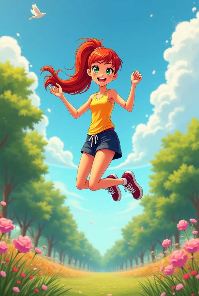a girl of average height and a slim, athletic physique. She has red hair usually tied in a high ponytail., with a fringe that falls softly over the forehead and voluptuous